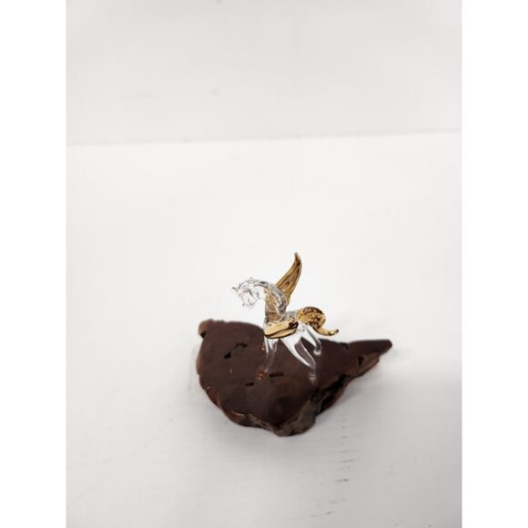 Vintage Crystal Glass Clear Gold Pegasusus Figurine Miniature Wood Pedestal - Picture 5 of 9